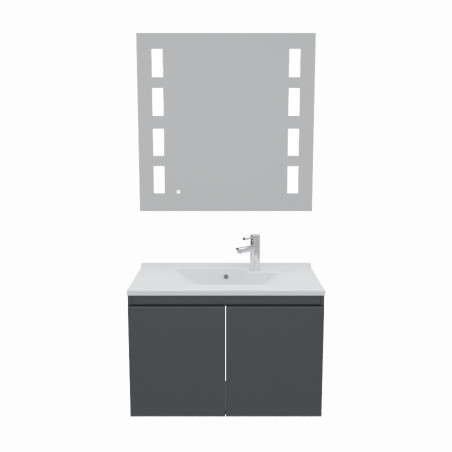 Meuble salle de bain suspendu 80 cm avec porte pivotante avec plan vasque en résine PROLINE et miroir Prestige - Gris anthracite