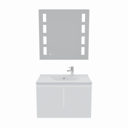 Meuble salle de bain suspendu 80 cm avec porte pivotante avec plan vasque en résine PROLINE et miroir Prestige - Blanc brillant