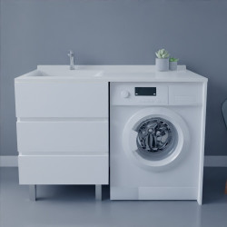 Meuble lave-linge KORA 124 cm blanc avec plan vasque déportée à gauche
