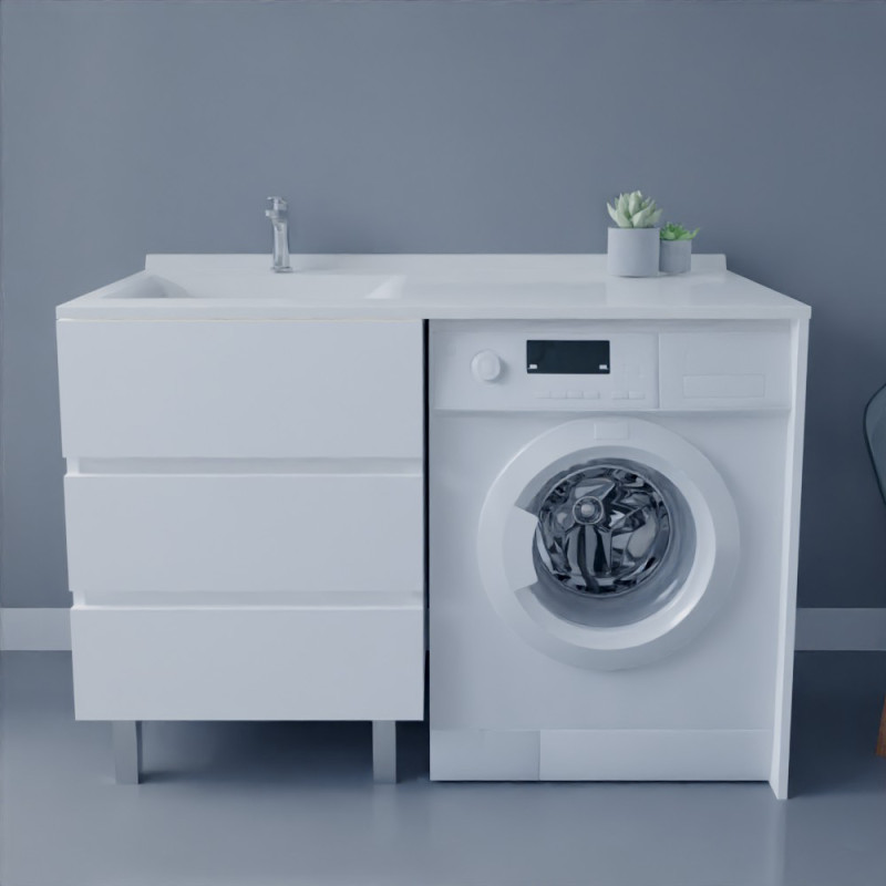 Meuble lave-linge KORA 124 cm blanc avec plan vasque déportée à gauche Meuble lave-linge KORA 124 cm blanc avec plan vasque déportée à gauche