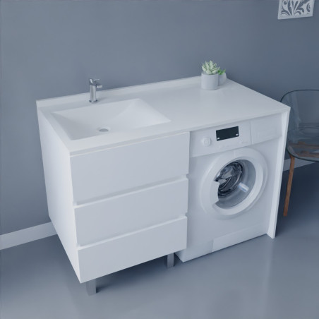 Meuble lave-linge KORA 124 cm blanc avec plan vasque déportée à gauche