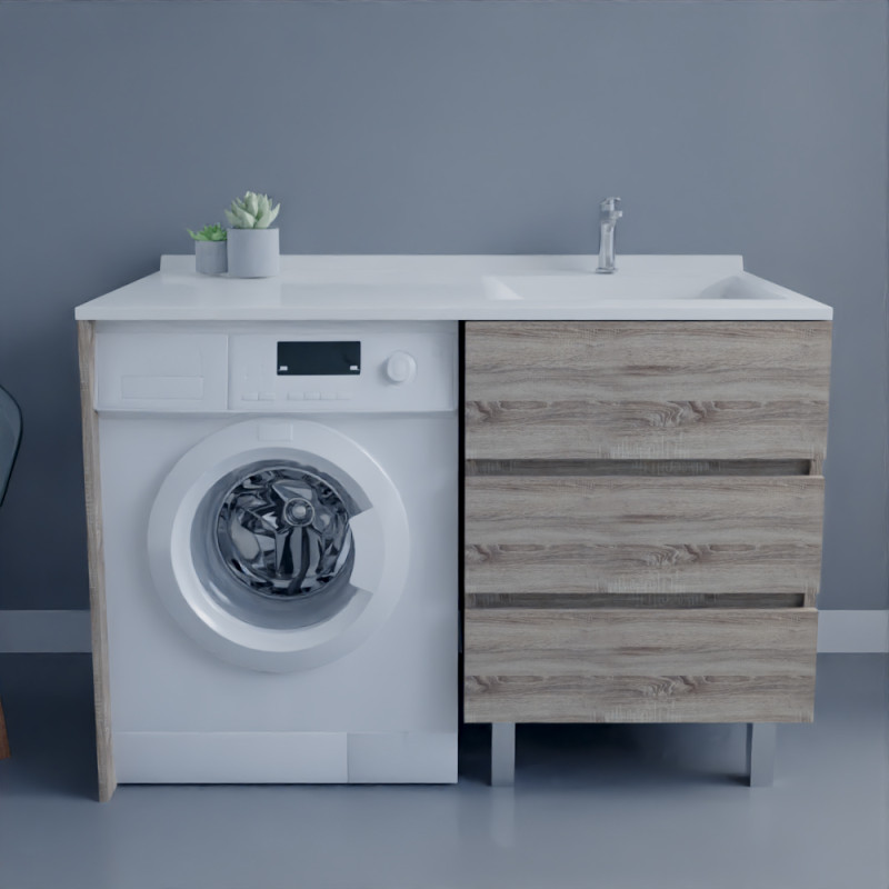 Meuble lave-linge KORA 124 cm coloris bois avec plan vasque déportée à droite Meuble lave-linge KORA 124 cm coloris bois avec plan vasque déportée à droite