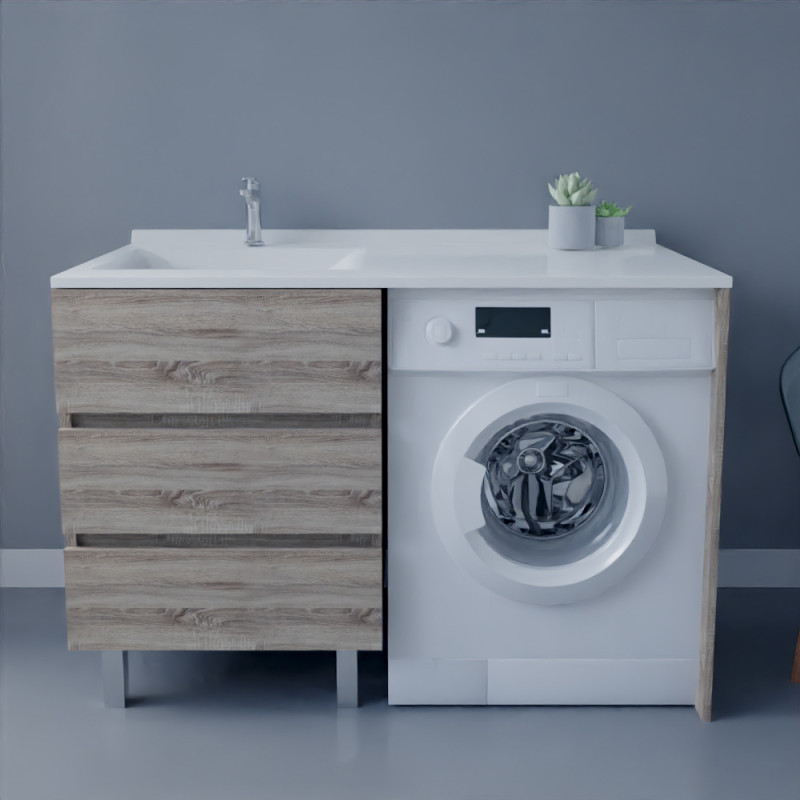 Meuble lave-linge KORA 124 cm coloris bois avec plan vasque déportée à gauche Meuble lave-linge KORA 124 cm coloris bois avec plan vasque déportée à gauche
