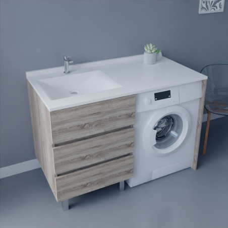 Meuble lave-linge KORA 124 cm coloris bois avec plan vasque déportée à gauche