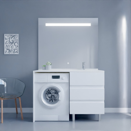 Meuble lave-linge blanc KORA 124 cm avec plan vasque déportée à droite + Miroir Elégance ht105