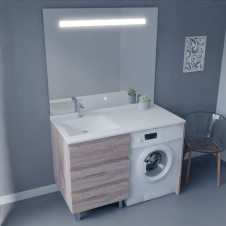 Meuble lave-linge coloris bois KORA 124 cm avec plan vasque déportée à gauche + Miroir Elégance ht105