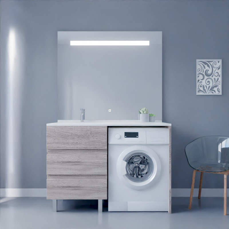 Meuble lave-linge coloris bois KORA 124 cm avec plan vasque déportée à gauche + Miroir Elégance ht105 Meuble lave-linge coloris bois KORA 124 cm avec plan vasque déportée à gauche + Miroir Elégance ht105