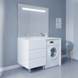 Meuble lave-linge blanc KORA 124 cm avec plan vasque déportée à gauche + Miroir Elégance ht105