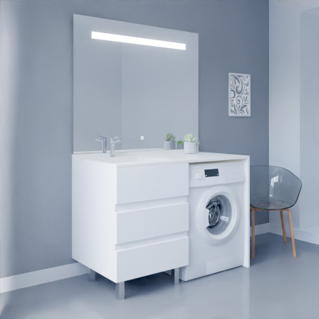 Meuble lave-linge blanc KORA 124 cm avec plan vasque déportée à gauche + Miroir Elégance ht105
