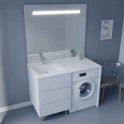 Meuble lave-linge blanc KORA 124 cm avec plan vasque déportée à gauche + Miroir Elégance ht105