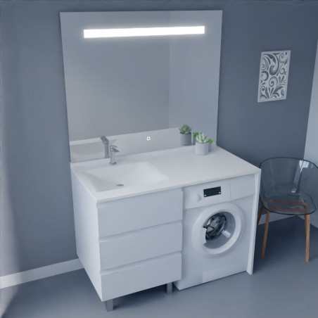 Meuble lave-linge blanc KORA 124 cm avec plan vasque déportée à gauche + Miroir Elégance ht105