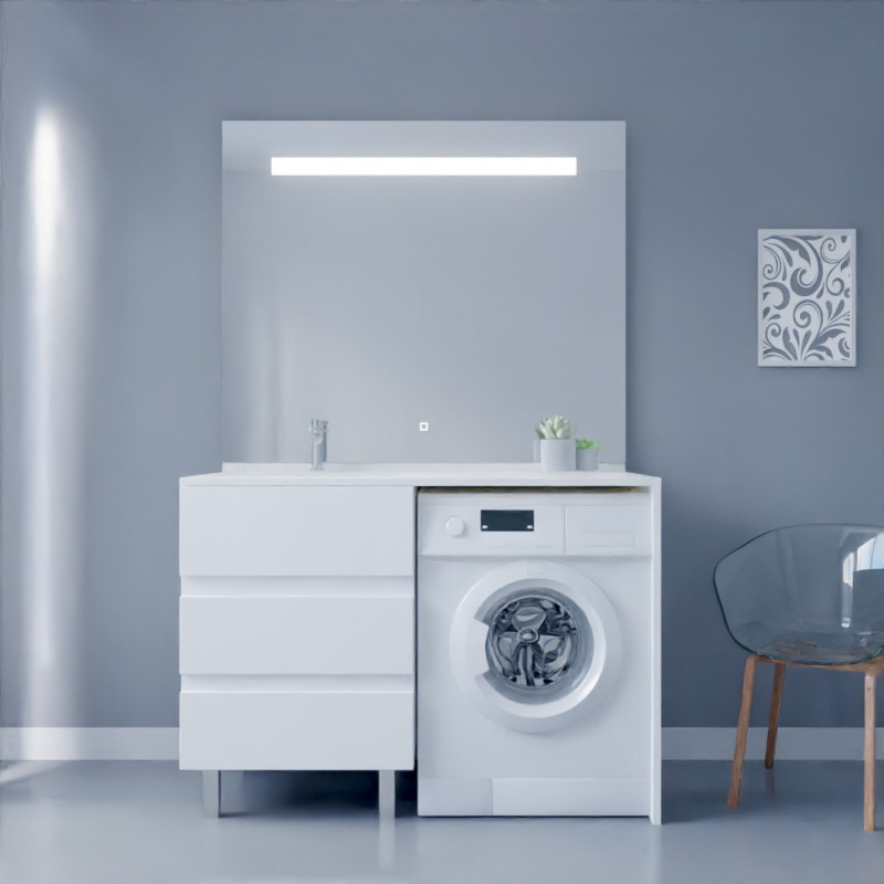 Meuble lave-linge blanc KORA 124 cm avec plan vasque déportée à gauche + Miroir Elégance ht105 Meuble lave-linge blanc KORA 124 cm avec plan vasque déportée à gauche + Miroir Elégance ht105