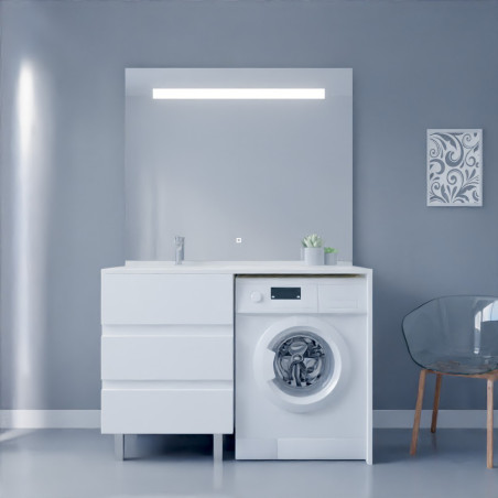 Meuble lave-linge blanc KORA 124 cm avec plan vasque déportée à gauche + Miroir Elégance ht105