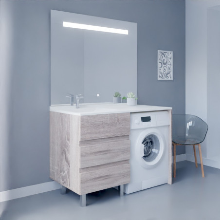 Meuble lave-linge coloris bois KORA 124 cm avec plan vasque déportée à gauche + Miroir Elégance ht105