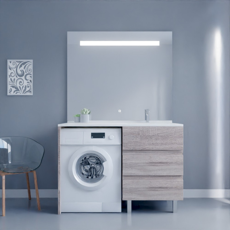 Meuble lave-linge coloris bois KORA 124 cm avec plan vasque déportée à droite + Miroir Elégance ht105 Meuble lave-linge coloris bois KORA 124 cm avec plan vasque déportée à droite + Miroir Elégance ht105