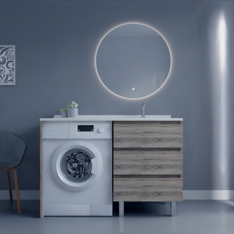 Meuble lave-linge KORA 124 cm coloris bois avec plan vasque déportée à droite + Miroir rond Meuble lave-linge KORA 124 cm coloris bois avec plan vasque déportée à droite + Miroir rond