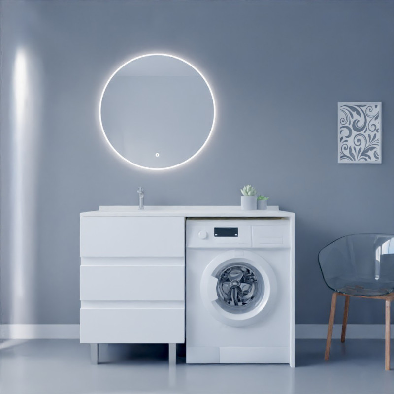 Meuble lave-linge KORA 124 cm blanc avec plan vasque déportée à gauche + Miroir rond Meuble lave-linge KORA 124 cm blanc avec plan vasque déportée à gauche + Miroir rond
