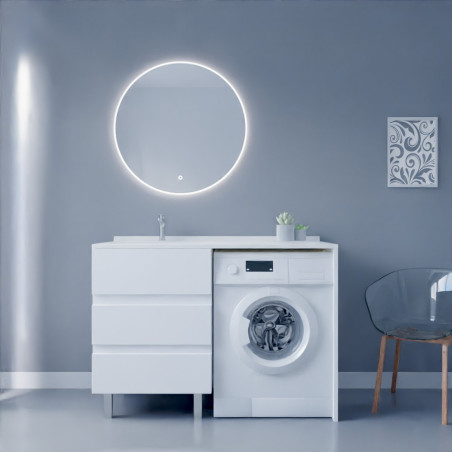 Meuble lave-linge KORA 124 cm blanc avec plan vasque déportée à gauche + Miroir rond 