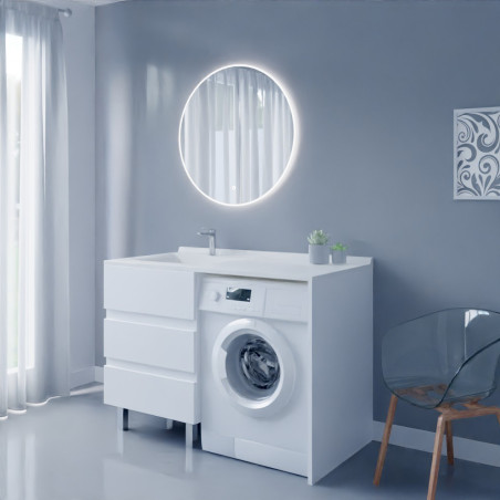 Meuble lave-linge KORA 124 cm blanc avec plan vasque déportée à gauche + Miroir rond