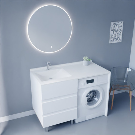 Meuble lave-linge KORA 124 cm blanc avec plan vasque déportée à gauche + Miroir rond