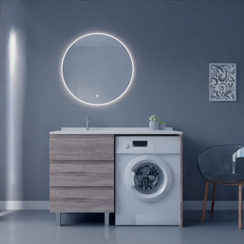 Meuble lave-linge KORA 124 cm coloris bois avec plan vasque déportée à gauche + Miroir rond Meuble lave-linge KORA 124 cm coloris bois avec plan vasque déportée à gauche + Miroir rond
