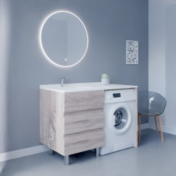 Meuble lave-linge KORA 124 cm coloris bois avec plan vasque déportée à gauche + Miroir rond