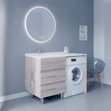 Meuble lave-linge KORA 124 cm coloris bois avec plan vasque déportée à gauche + Miroir rond