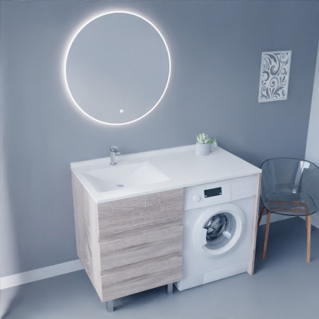 Meuble lave-linge KORA 124 cm coloris bois avec plan vasque déportée à gauche + Miroir rond
