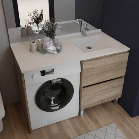 Meuble lave-linge IDEA coloris bois, plan vasque déportée à droite 124 cm x 65 cm