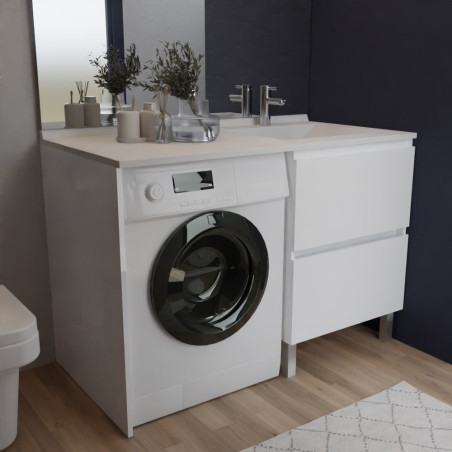 Meuble lave-linge IDEA coloris blanc, plan vasque déportée à droite 124 cm x 65 cm