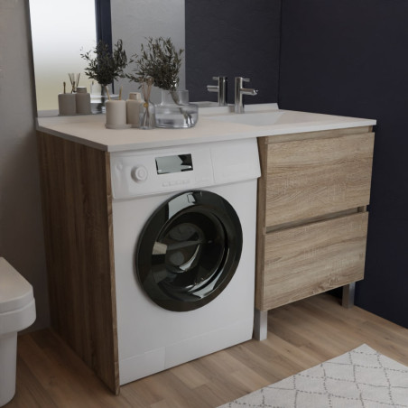 Meuble lave-linge IDEA coloris bois, plan vasque déportée à droite 124 cm x 65 cm