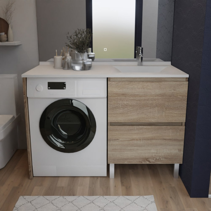 Meuble lave-linge IDEA coloris bois, plan vasque déportée à droite 124 cm x 65 cm Meuble lave-linge IDEA coloris bois, plan vasque déportée à droite 124 cm x 65 cm