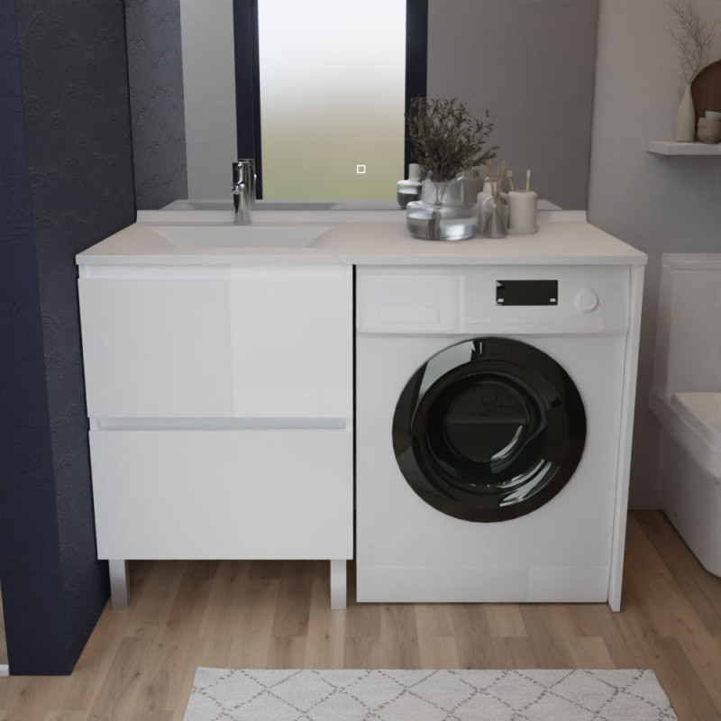 Meuble lave-linge IDEA coloris blanc, plan vasque déportée à gauche 124 cm x 65 cm Meuble lave-linge IDEA coloris blanc, plan vasque déportée à gauche 124 cm x 65 cm