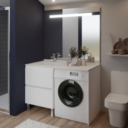 Meuble lave-linge IDEA coloris blanc, vasque déportée à gauche 124 cm + Miroir Elégance