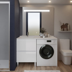 Meuble lave-linge IDEA coloris blanc, vasque déportée à gauche 124 cm + Miroir Elégance 