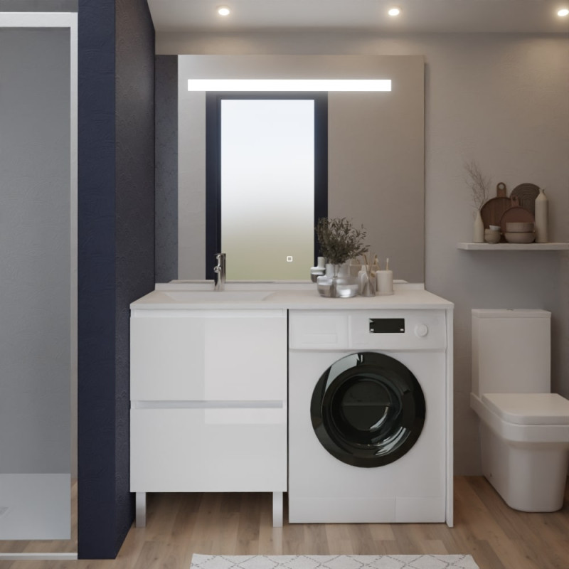 Meuble lave-linge IDEA coloris blanc, vasque déportée à gauche 124 cm + Miroir Elégance Meuble lave-linge IDEA coloris blanc, vasque déportée à gauche 124 cm + Miroir Elégance
