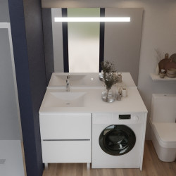 Meuble lave-linge IDEA coloris blanc, vasque déportée à gauche 124 cm + Miroir Elégance