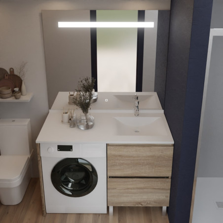 Meuble lave-linge IDEA coloris bois, vasque déportée à droite 124 cm + Miroir Elégance