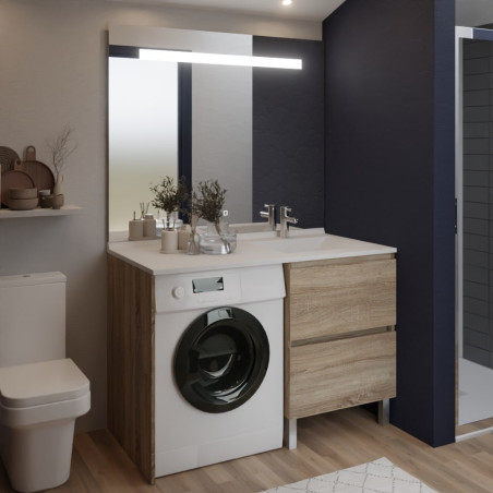 Meuble lave-linge IDEA coloris bois, vasque déportée à droite 124 cm + Miroir Elégance