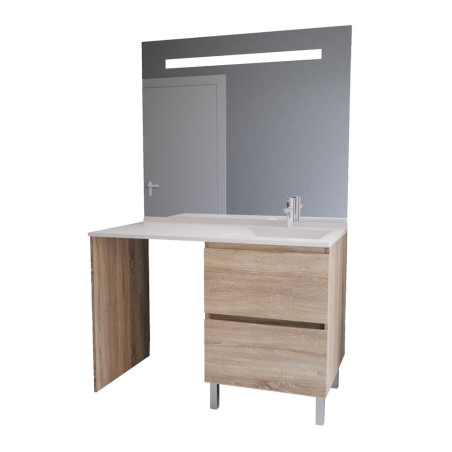 Meuble lave-linge IDEA coloris bois, vasque déportée à droite 124 cm + Miroir Elégance