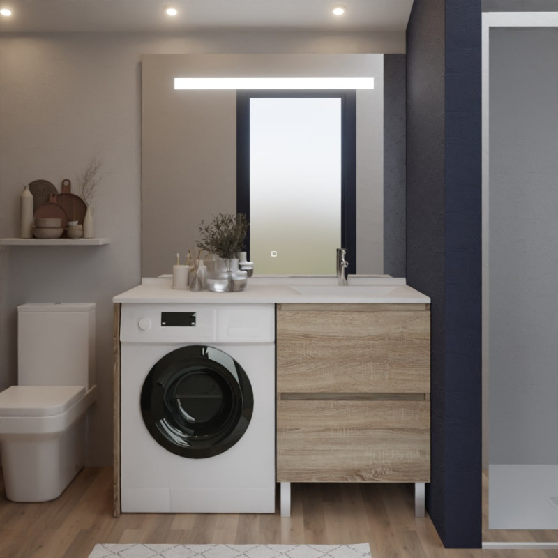 Meuble lave-linge IDEA coloris bois, vasque déportée à droite 124 cm + Miroir Elégance Meuble lave-linge IDEA coloris bois, vasque déportée à droite 124 cm + Miroir Elégance