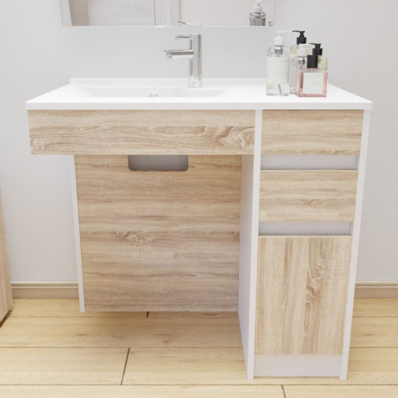 Meuble salle de bain PMR ANDY 90 cm simple vasque déportée à gauche couleur blanc et bois cambrian oak Meuble salle de bain PMR ANDY 90 cm simple vasque déportée à gauche couleur blanc et bois cambrian oak