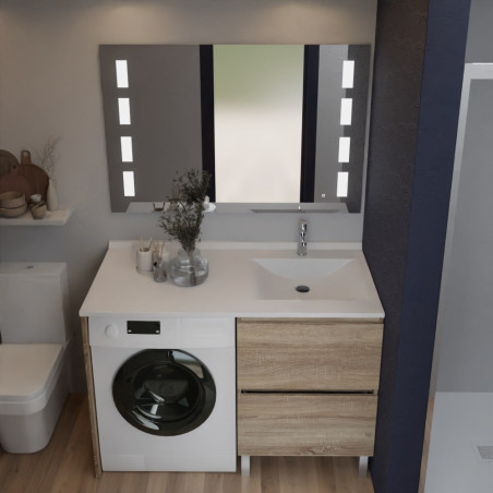 Meuble lave-linge IDEA coloris bois, plan vasque déportée à droite + Miroir Prestige