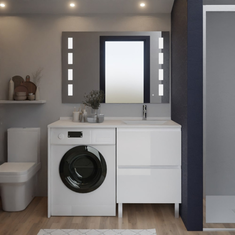 Meuble lave-linge IDEA coloris blanc, plan vasque déportée à droite + Miroir Prestige Meuble lave-linge IDEA coloris blanc, plan vasque déportée à droite + Miroir Prestige