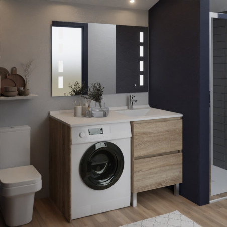 Meuble lave-linge IDEA coloris bois, plan vasque déportée à droite + Miroir Prestige