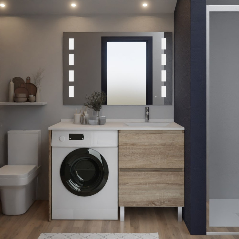 Meuble lave-linge IDEA coloris bois, plan vasque déportée à droite + Miroir Prestige Meuble lave-linge IDEA coloris bois, plan vasque déportée à droite + Miroir Prestige