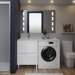 Meuble lave-linge IDEA coloris blanc, plan vasque déportée à gauche + Miroir Prestige