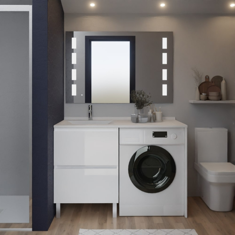 Meuble lave-linge IDEA coloris blanc, plan vasque déportée à gauche + Miroir Prestige Meuble lave-linge IDEA coloris blanc, plan vasque déportée à gauche + Miroir Prestige