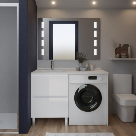 Meuble lave-linge IDEA coloris blanc, plan vasque déportée à gauche + Miroir Prestige
