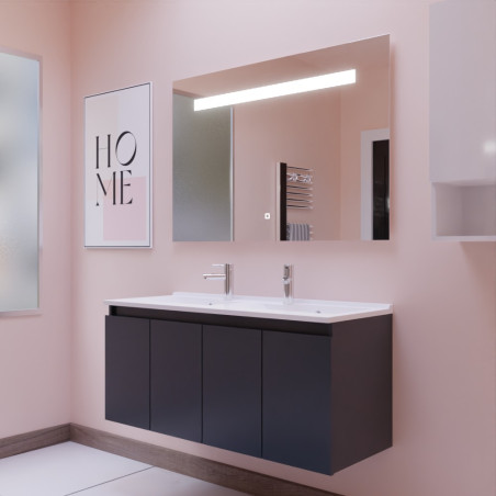 Meuble salle de bain suspendu 120 cm avec porte pivotante avec plan vasque en résine PROLINE et miroir Elégance ht80 - Gris anth